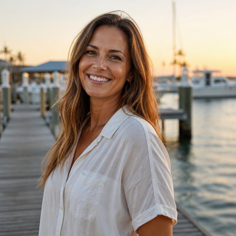 Maren Kessler, editor of Experience Naples Florida, on a dock at golden hour