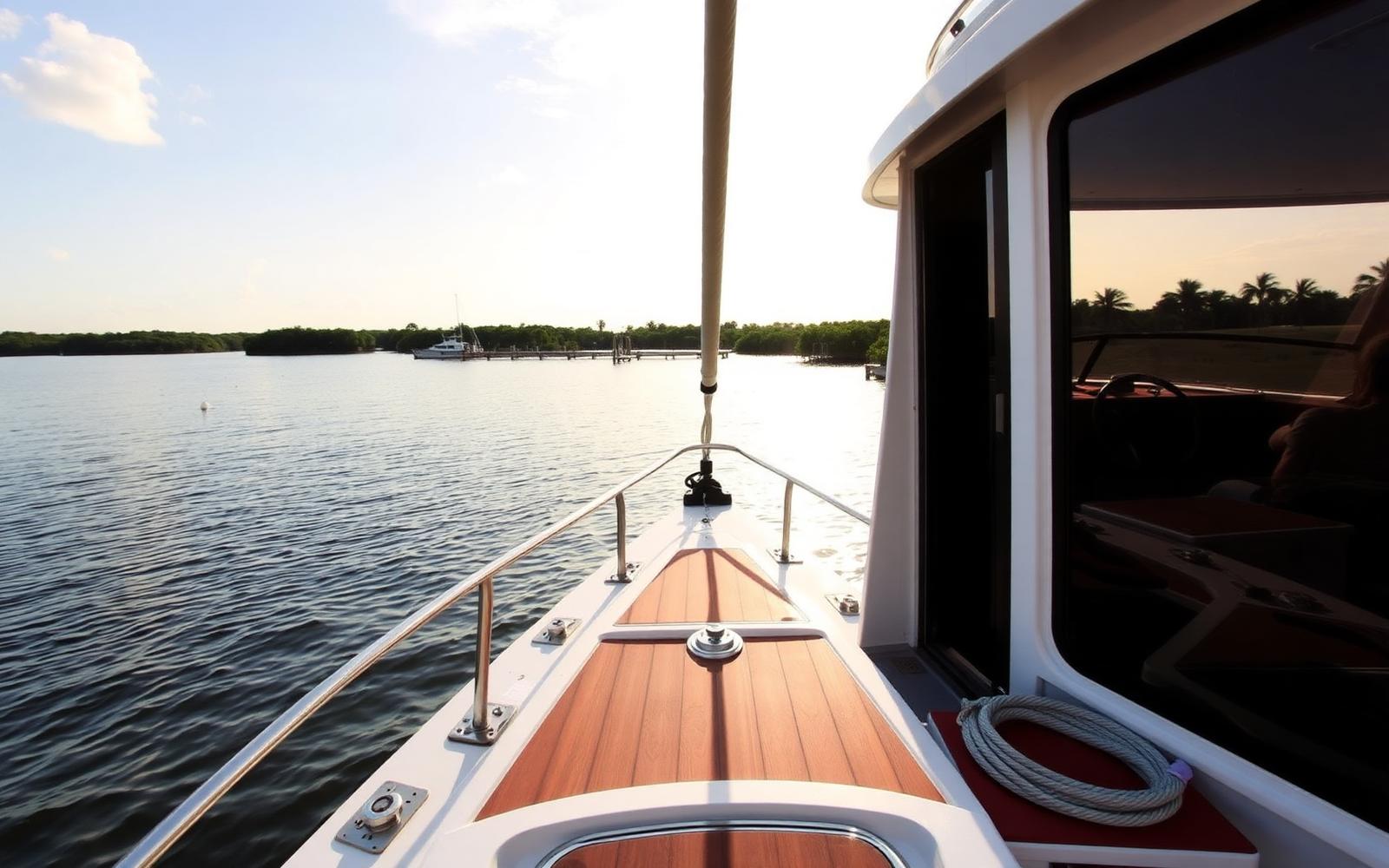 The bow of a small boat cruising Naples Bay in Florida with mangrove shoreline ahead in late afternoon light
