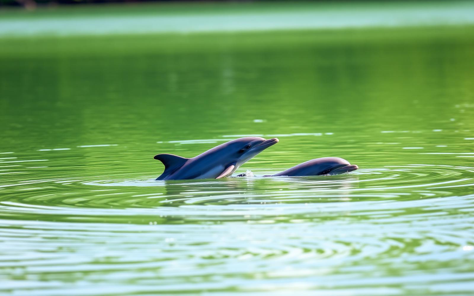 Two bottlenose dolphins surfacing in calm green water near a mangrove shoreline in Naples, Florida