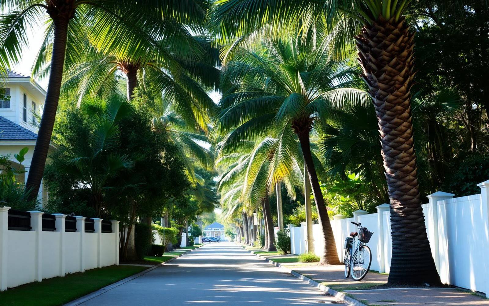 A quiet palm-lined residential street in Naples, Florida with a bicycle leaning against a white wall in dappled afternoon light