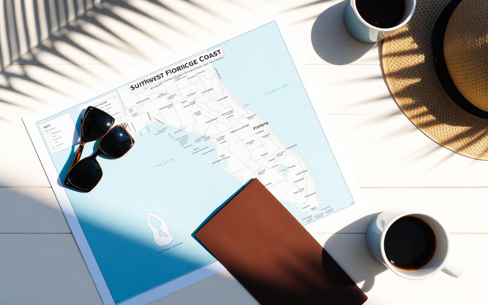A map of the southwest Florida coast on a white table with sunglasses, a straw hat and coffee in morning light