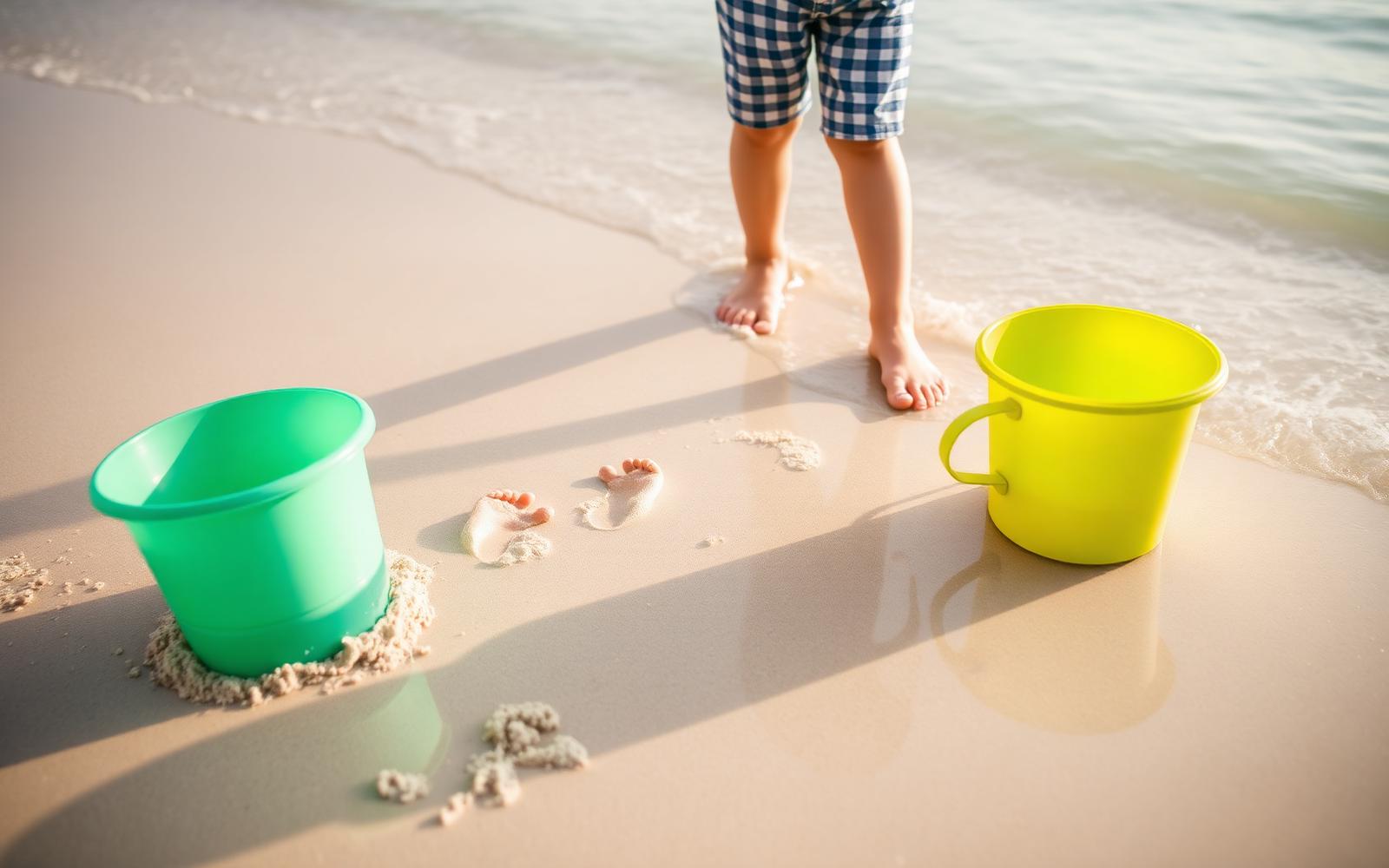 Sand pails and small footprints at the edge of calm shallow turquoise Gulf water on a Florida beach