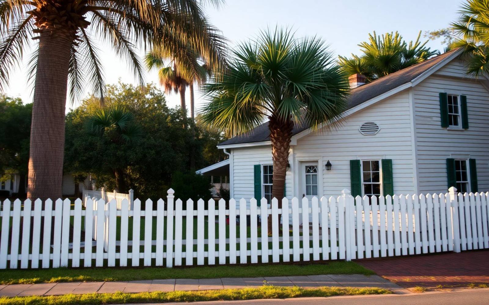 A white clapboard cottage with green shutters behind a picket fence, framed by palms on a quiet Old Naples street
