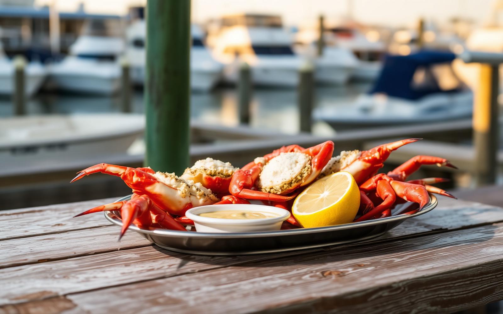 A platter of chilled Florida stone crab claws with mustard sauce and lemon on a weathered waterfront table beside a marina