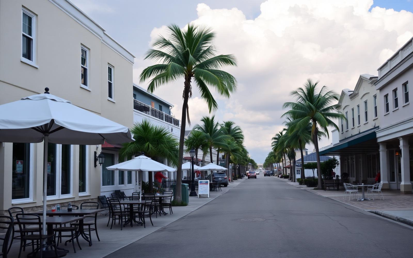 A quiet palm-lined street in Naples, Florida with empty cafe tables and summer storm clouds building in the distance