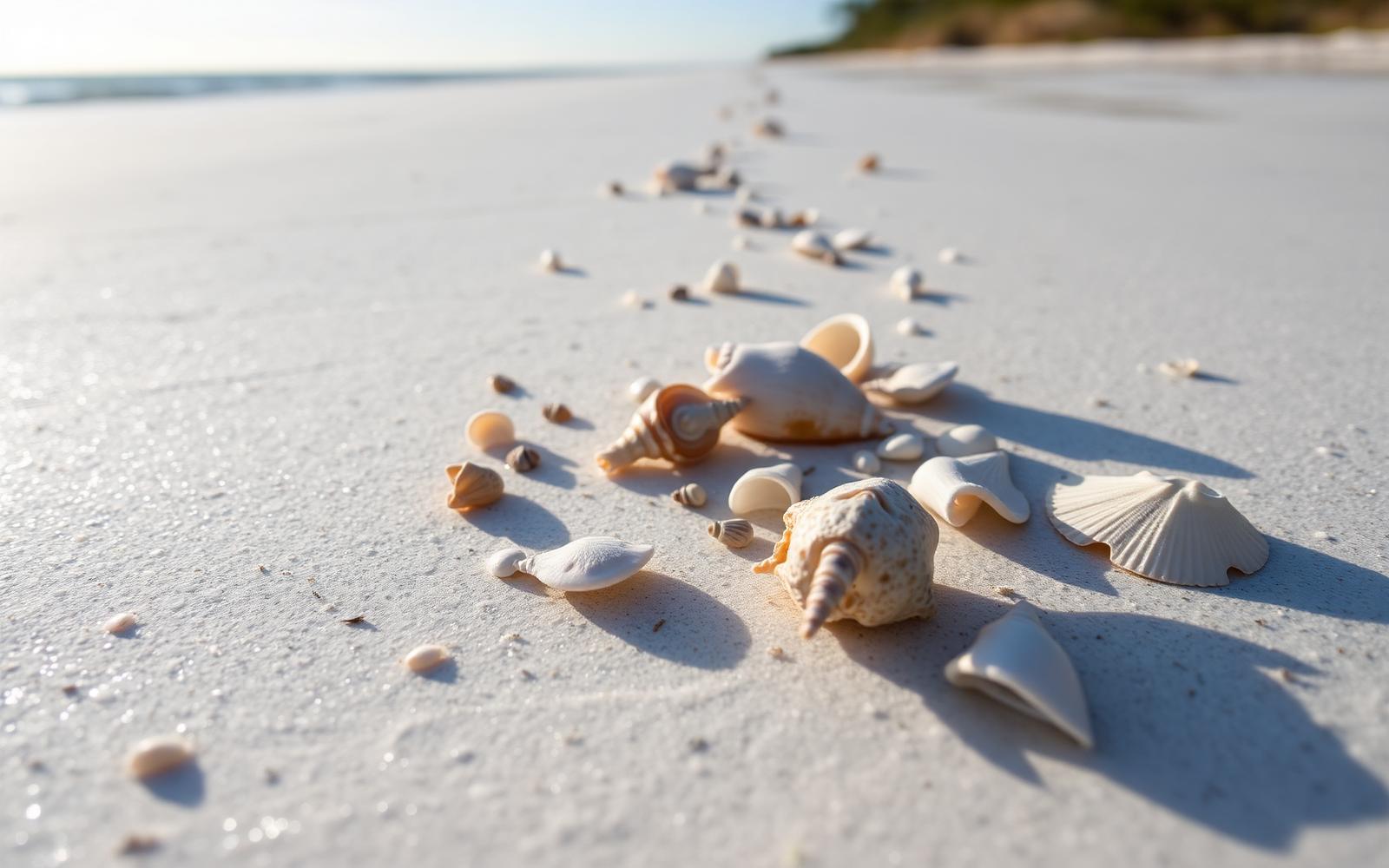Seashells including a lightning whelk and a sand dollar scattered along the tide line of an empty white sand Florida beach