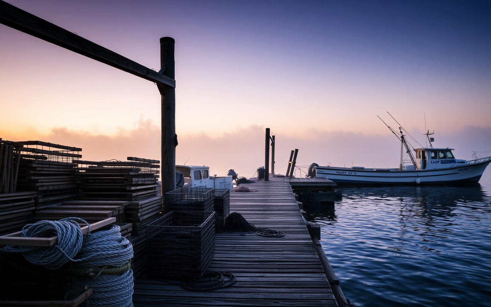 Stacked wooden crab traps and coiled rope on a Florida fishing dock at dawn with a commercial boat moored alongside