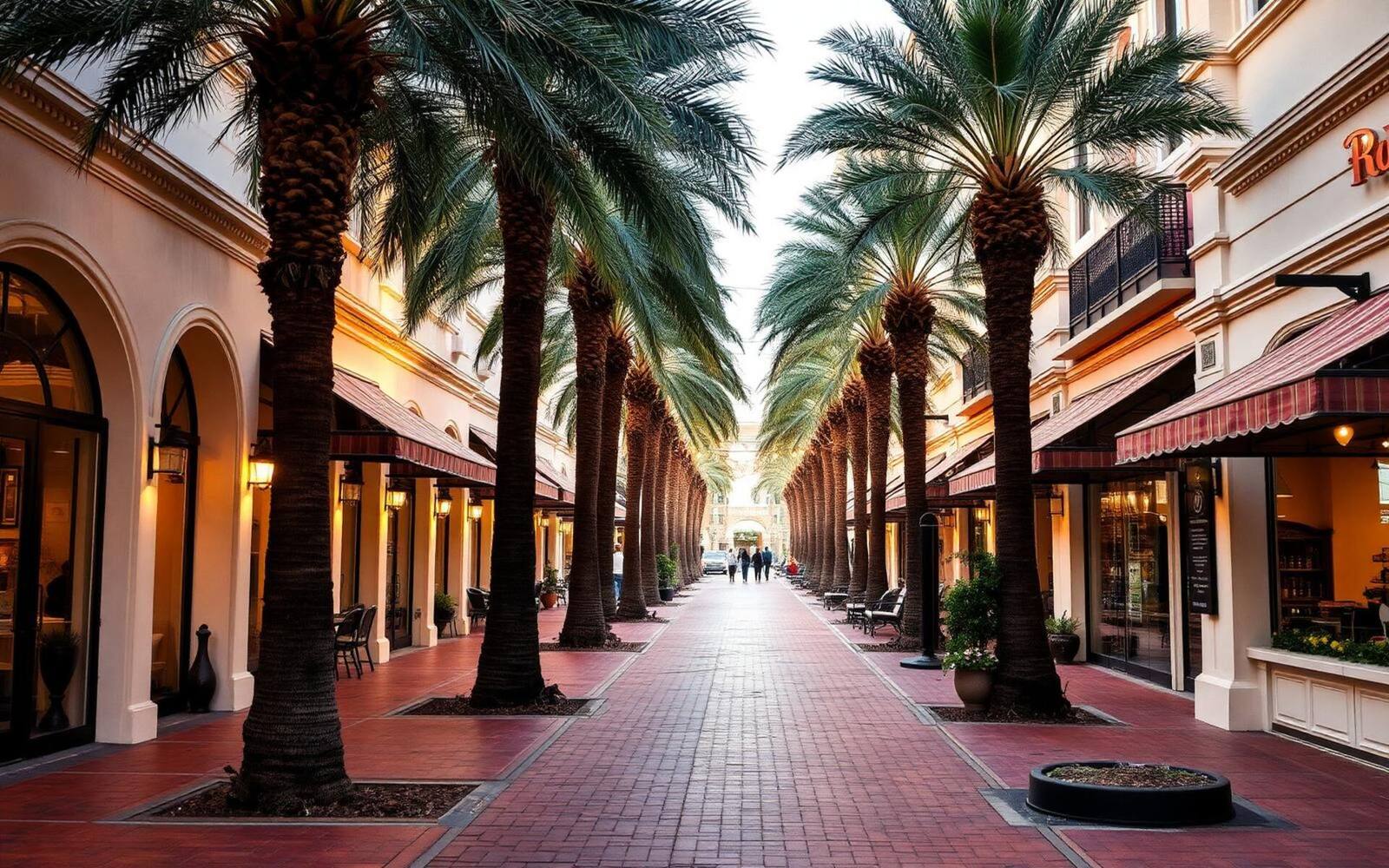 A palm-lined shopping street in Naples, Florida with pastel storefronts, awnings and brick pavement in warm evening light