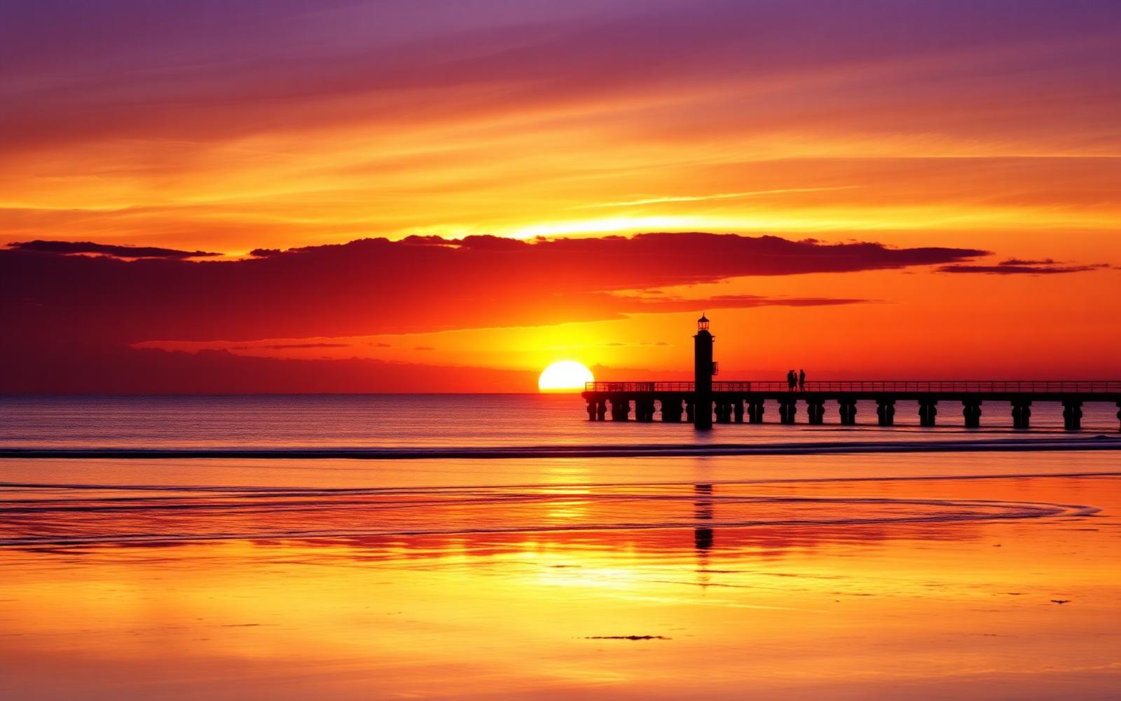 Orange and violet sunset over the Gulf of Mexico with the silhouette of Naples Pier and wet reflective sand