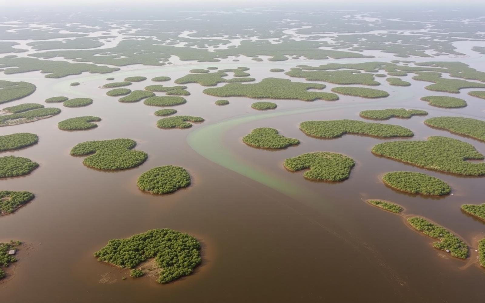 Aerial view of the Ten Thousand Islands mangrove estuary in southwest Florida, a maze of green islands in dark and turquoise water