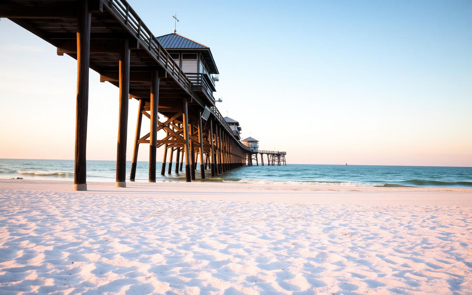 The wooden Naples Pier reaching into the calm Gulf of Mexico above an empty white sand beach at first light
