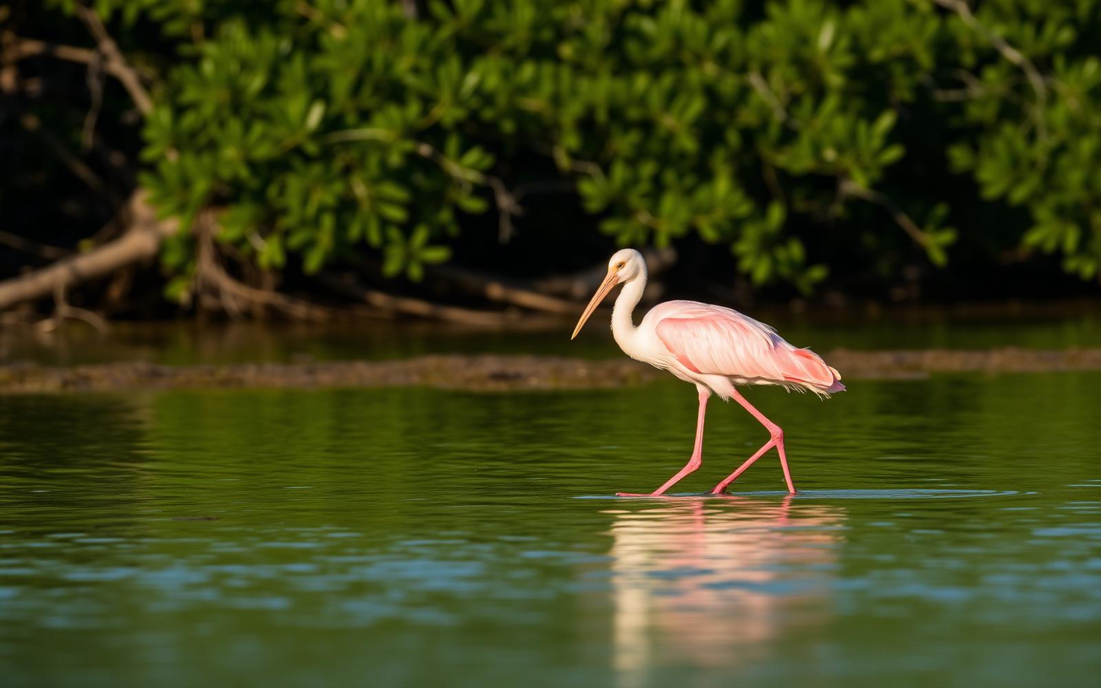 A roseate spoonbill wading in shallow water in front of dark green mangroves in southwest Florida